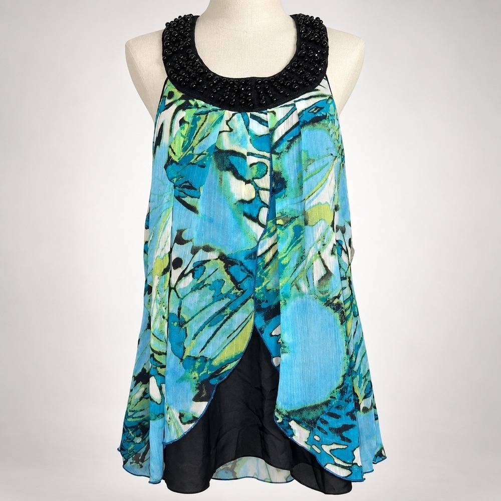 Maurices Y2K Boho Beaded Abstract Floral Layered Tunic Top S Turquoise Artsy
